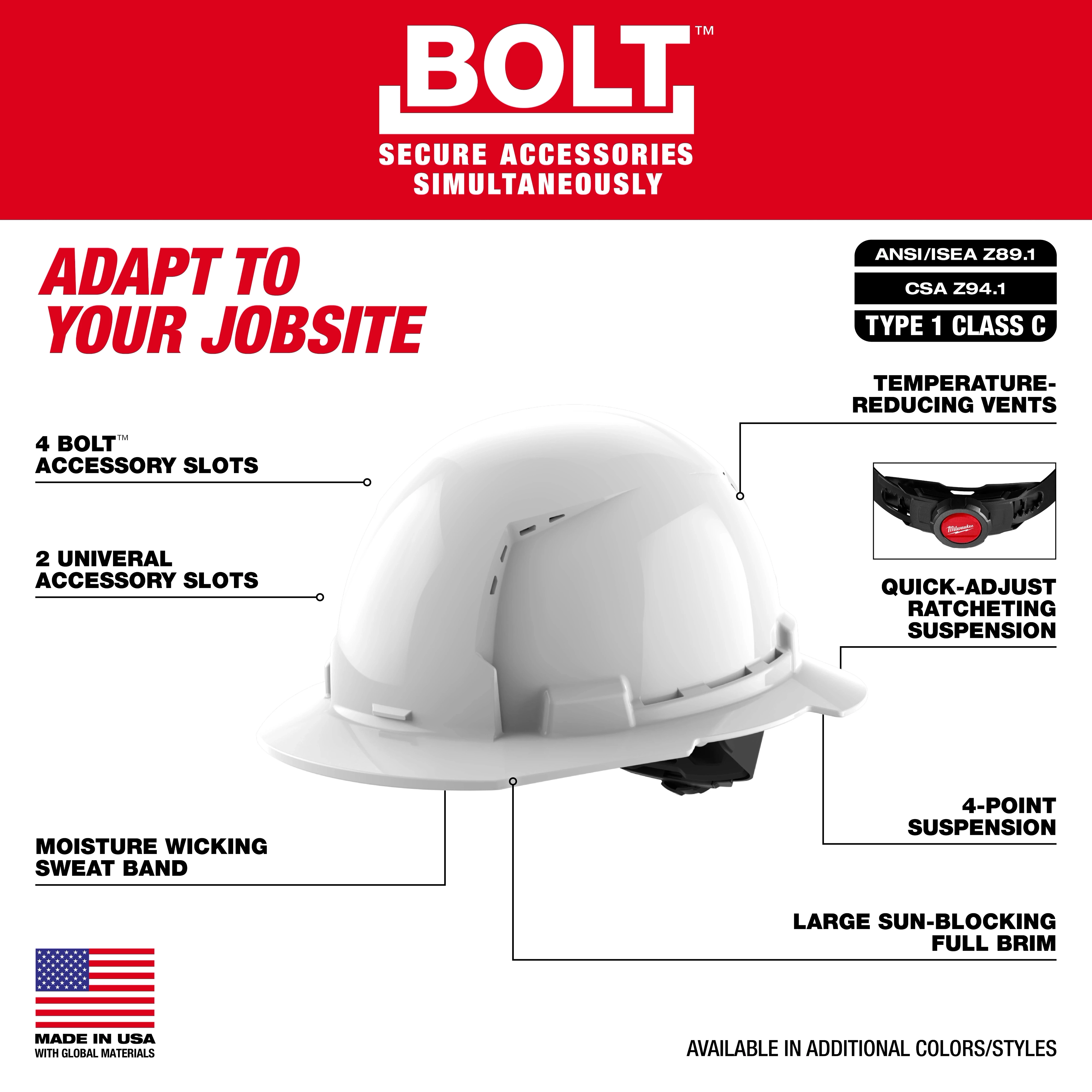 Casco con ventilación y ala completa negro con suspensión de trinquete de 4 puntos BOLT™ (EE. UU.): Tipo 1, Clase C